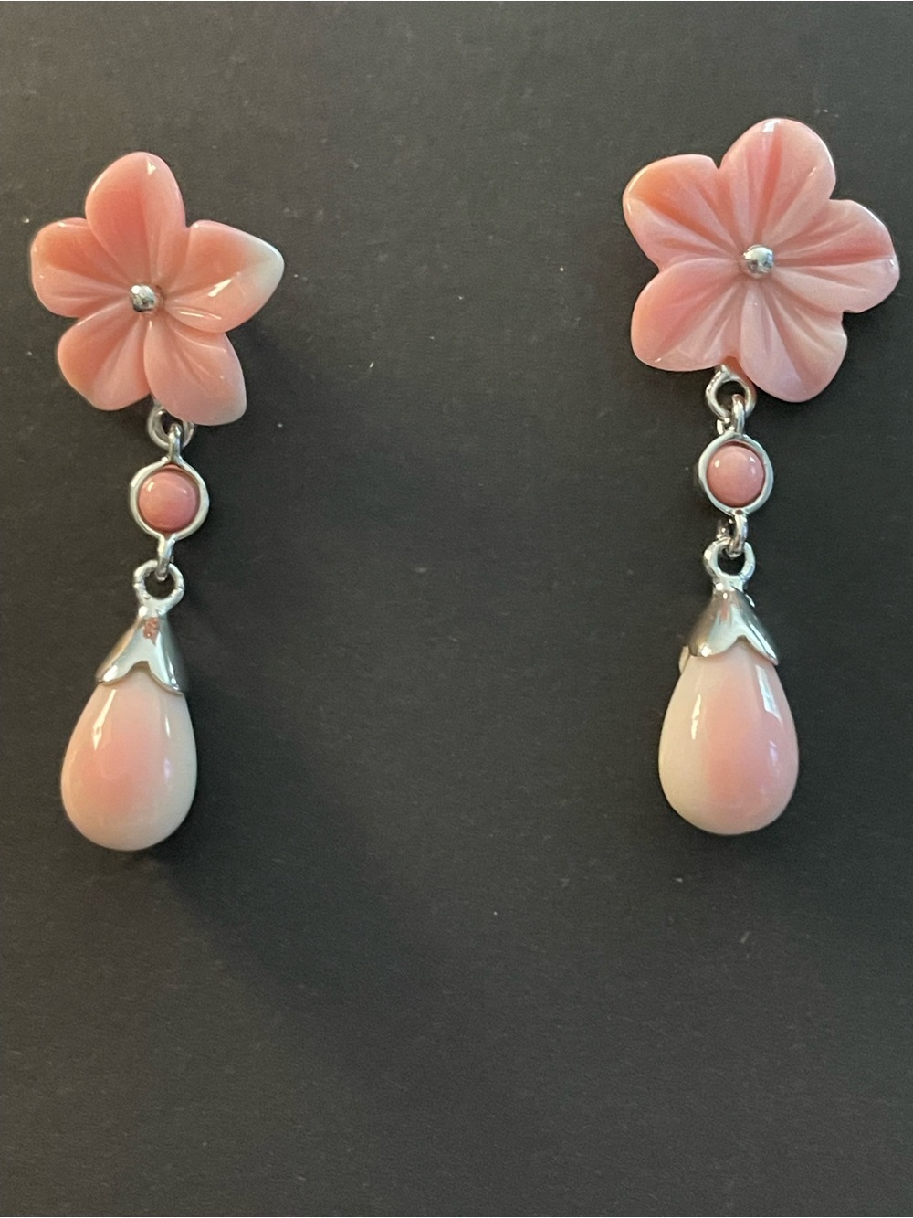 Delicate carved conch shell Pink Flower Drop Earrings - Floral Dangle Earrings